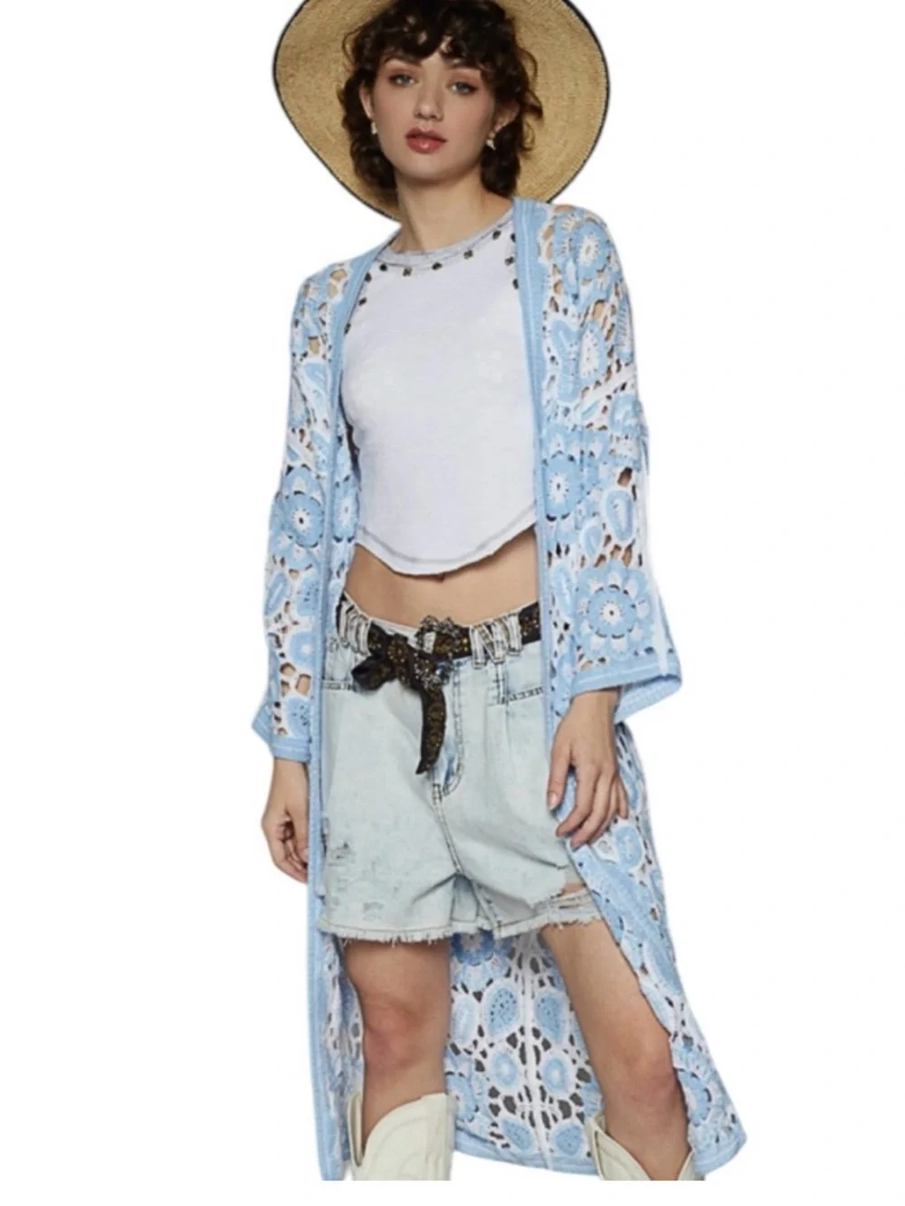 POL Light Blue and White Crochet Openwork Duster Cardigan
